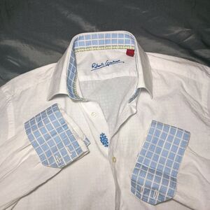 Robert Graham Textured Jacquard Pattern Shirt Medium White Embroidered Flip Cuff